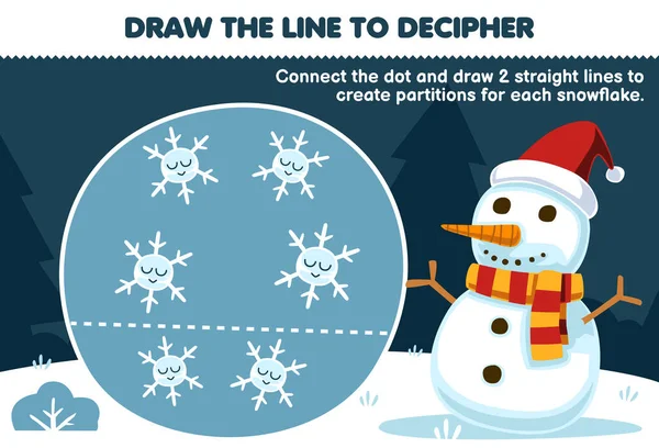 子供のための教育ゲームは 雪男は雪の結晶印刷可能な冬のワークシートを分離するために線を描くのを助ける — ストックベクタ