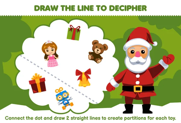 Education Game Children Help Santa Draw Lines Separate Toys Printable — Wektor stockowy