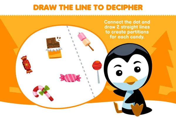 Education Game Children Help Penguin Draw Lines Separate Candy Printable — Stockvector