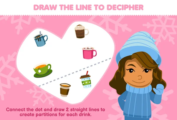 Education Game Children Help Girl Draw Lines Separate Drinks Printable —  Vetores de Stock