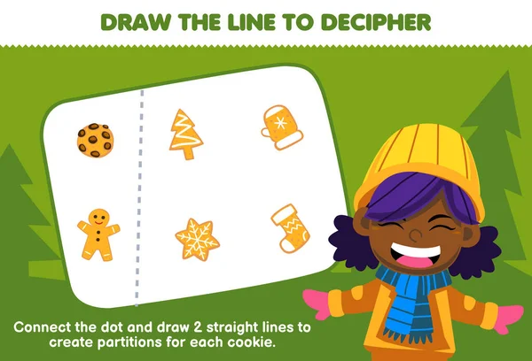 子供のための教育ゲームは 女の子が印刷可能な冬のワークシートを分離するためにラインを描くのを助ける — ストックベクタ
