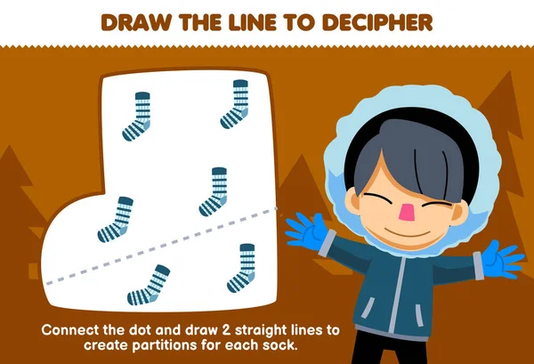 子供のための教育ゲームは 男の子が印刷可能な冬のワークシートの靴下を分離するために線を描くのを助ける — ストックベクタ