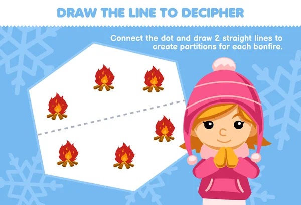 子供のための教育ゲームは 女の子が印刷可能な冬のワークシートをたき火を分離するために線を描くのを助ける — ストックベクタ