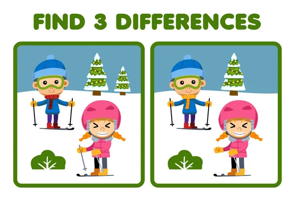 子供のための教育ゲームは 2つのかわいい漫画の男の子と女の子の間の3つの違いを見つけるスキー印刷冬のワークシートを再生 — ストックベクタ