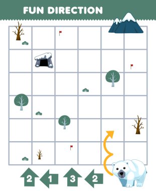 Education game for children fun direction help polar bear move according to the numbers on the arrows printable winter worksheet