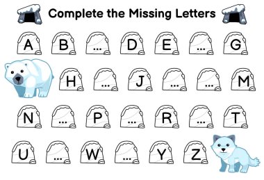 Education game for complete the missing letters with cute cartoon polar bear and arctic fox picture printable winter worksheet