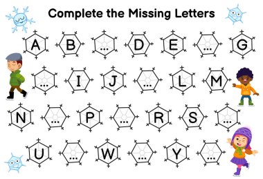 Education game for complete the missing letters with cute cartoon boy and girl playing ice skating picture printable winter worksheet