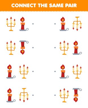Education game for children connect the same picture of cute cartoon candle pair printable halloween worksheet