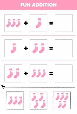 Education game for children fun addition by cut and match of cute cartoon pink sock pictures for printable winter worksheet