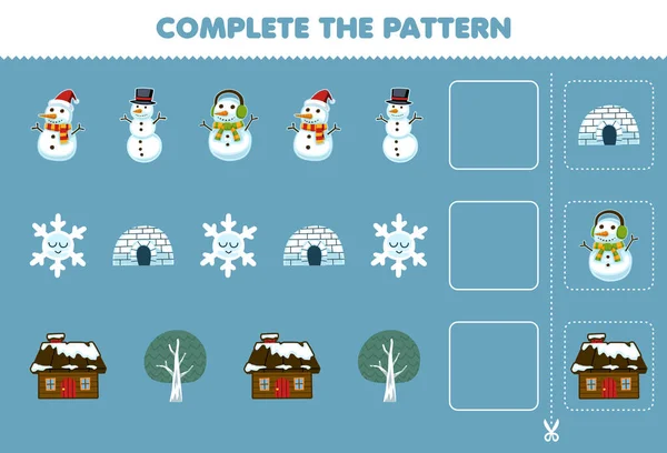 子供のための教育ゲームかわいい漫画の雪だるまの雪片Iglooハウスツリーから各行のパターンをカットし 完了します — ストックベクタ