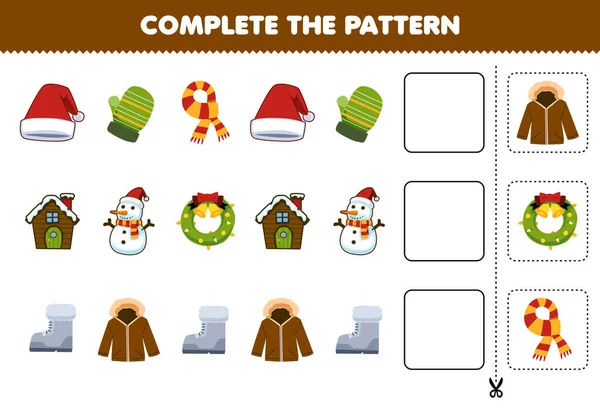 Education Game Children Cut Complete Pattern Each Row Cute Cartoon — Vetor de Stock