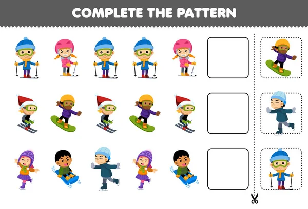 Education Game Children Cut Complete Pattern Each Row Cute Cartoon — Vetor de Stock