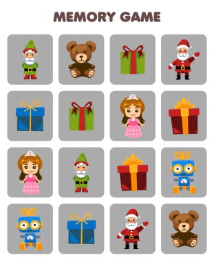 Education game for children memory to find similar pictures of cute cartoon gnome santa gift box teddy bear doll robot printable winter worksheet
