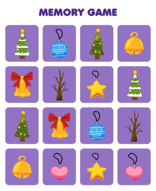 Education game for children memory to find similar pictures of cute cartoon christmas tree bell ornament printable winter worksheet
