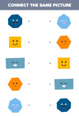 Education game for children connect the same picture of cute cartoon octagon square rectangle hexagon heptagon printable geometric shape worksheet