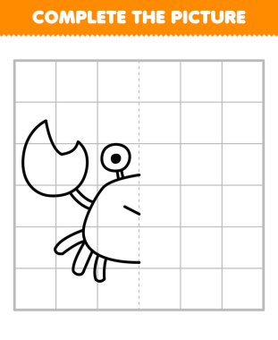 Education game for children complete the picture of cute cartoon crab half outline for drawing printable underwater worksheet