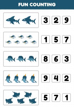 Education game for children fun counting and choosing the correct number of cute cartoon shark fish narwhal manta printable underwater worksheet