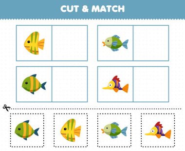 Education game for children cut and match the same picture of cute cartoon fish printable underwater worksheet