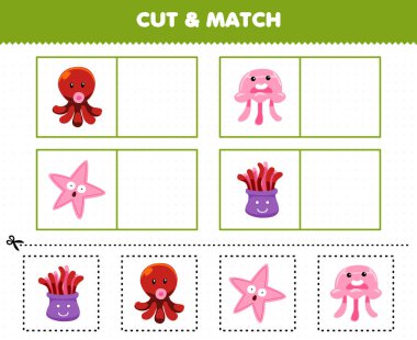 Education game for children cut and match the same picture of cute cartoon anemone octopus starfish jellyfish printable underwater worksheet