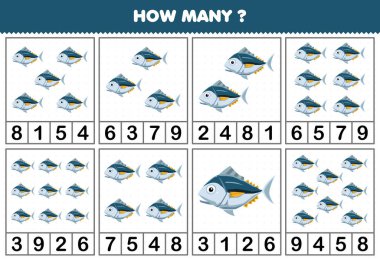 Education game for children counting how many objects in each table of cute cartoon tuna printable underwater worksheet