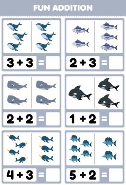 Education game for children fun addition by counting and sum of cute cartoon whale fish orca narwhal printable underwater worksheet