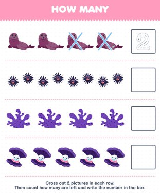 Education game for children count how many cute cartoon seal urchin coral shell and write the number in the box printable underwater worksheet
