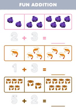 Education game for children fun addition by counting and tracing the number of cute cartoon shell shrimp crab printable underwater worksheet