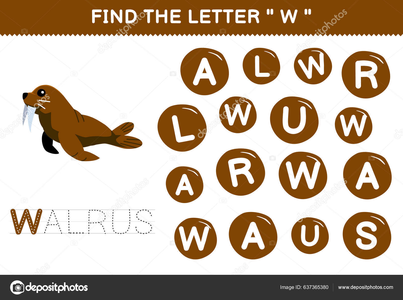 Education Game Children Find Letter Cute Cartoon Walrus Printable