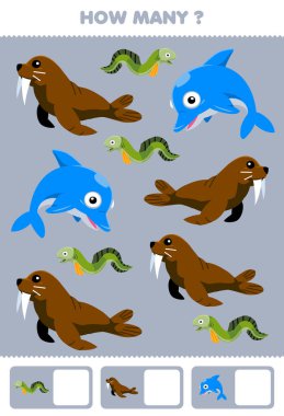 Education game for children searching and counting how many pictures of cute cartoon walrus eel dolphin printable underwater worksheet