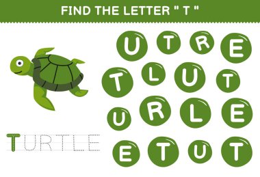Education game for children find the letter T with cute cartoon turtle printable underwater worksheet