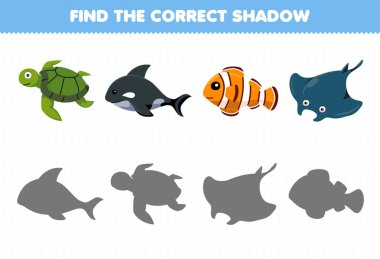 Education game for children find the correct shadow set of cute cartoon turtle orca fish manta printable underwater worksheet