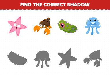 Education game for children find the correct shadow set of cute cartoon starfish hermit crab sea cucumber jellyfish printable underwater worksheet