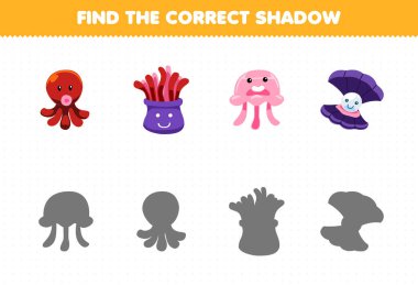 Education game for children find the correct shadow set of cute cartoon octopus anemone jellyfish shell printable underwater worksheet