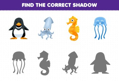 Education game for children find the correct shadow set of cute cartoon penguin squid seahorse jellyfish printable underwater worksheet