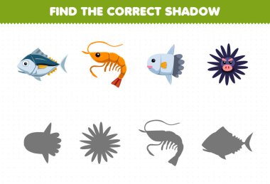 Education game for children find the correct shadow set of cute cartoon fish shrimp sunfish urchin printable underwater worksheet