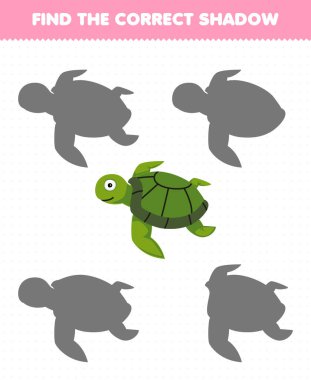 Education game for children find the correct shadow of cute cartoon turtle printable underwater worksheet