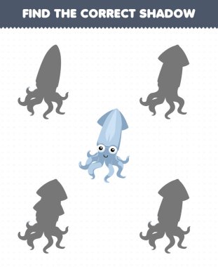 Education game for children find the correct shadow of cute cartoon squid printable underwater worksheet
