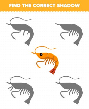Education game for children find the correct shadow of cute cartoon shrimp printable underwater worksheet
