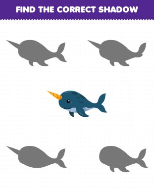 Education game for children find the correct shadow of cute cartoon narwhal printable underwater worksheet