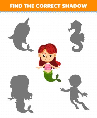 Education game for children find the correct shadow of cute cartoon mermaid printable underwater worksheet