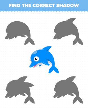 Education game for children find the correct shadow of cute cartoon dolphin printable underwater worksheet