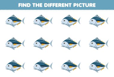Education game for children find the different picture of cute cartoon tuna fish printable underwater worksheet