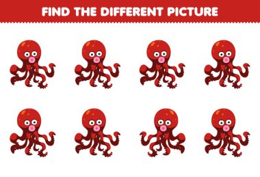 Education game for children find the different picture of cute cartoon octopus printable underwater worksheet