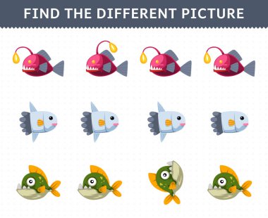 Education game for children find the different picture in each row of cute cartoon sunfish piranha printable underwater worksheet