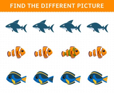 Education game for children find the different picture in each row of cute cartoon shark fish printable underwater worksheet