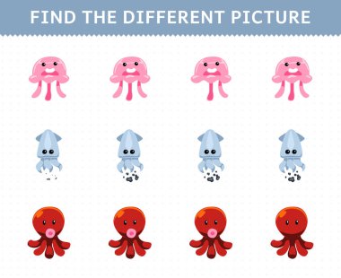 Education game for children find the different picture in each row of cute cartoon jellyfish squid octopus printable underwater worksheet