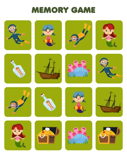 子供のための教育ゲームかわいい漫画ダイバー人魚サンゴボトル宝箱難破船印刷可能な水中ワークシートの同様の写真を見つけること — ストックベクタ