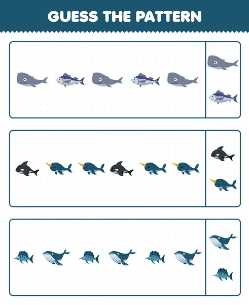 Education Game Children Guess Pattern Each Row Cute Cartoon Whale — 스톡 벡터