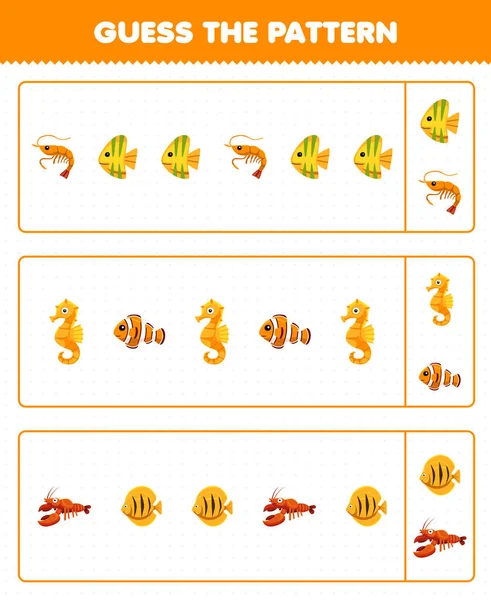 Education Game Children Guess Pattern Each Row Cute Cartoon Shrimp — 스톡 벡터