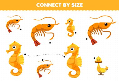 Educational game for kids connect by the size of cute cartoon seahorse and shrimp printable underwater worksheet